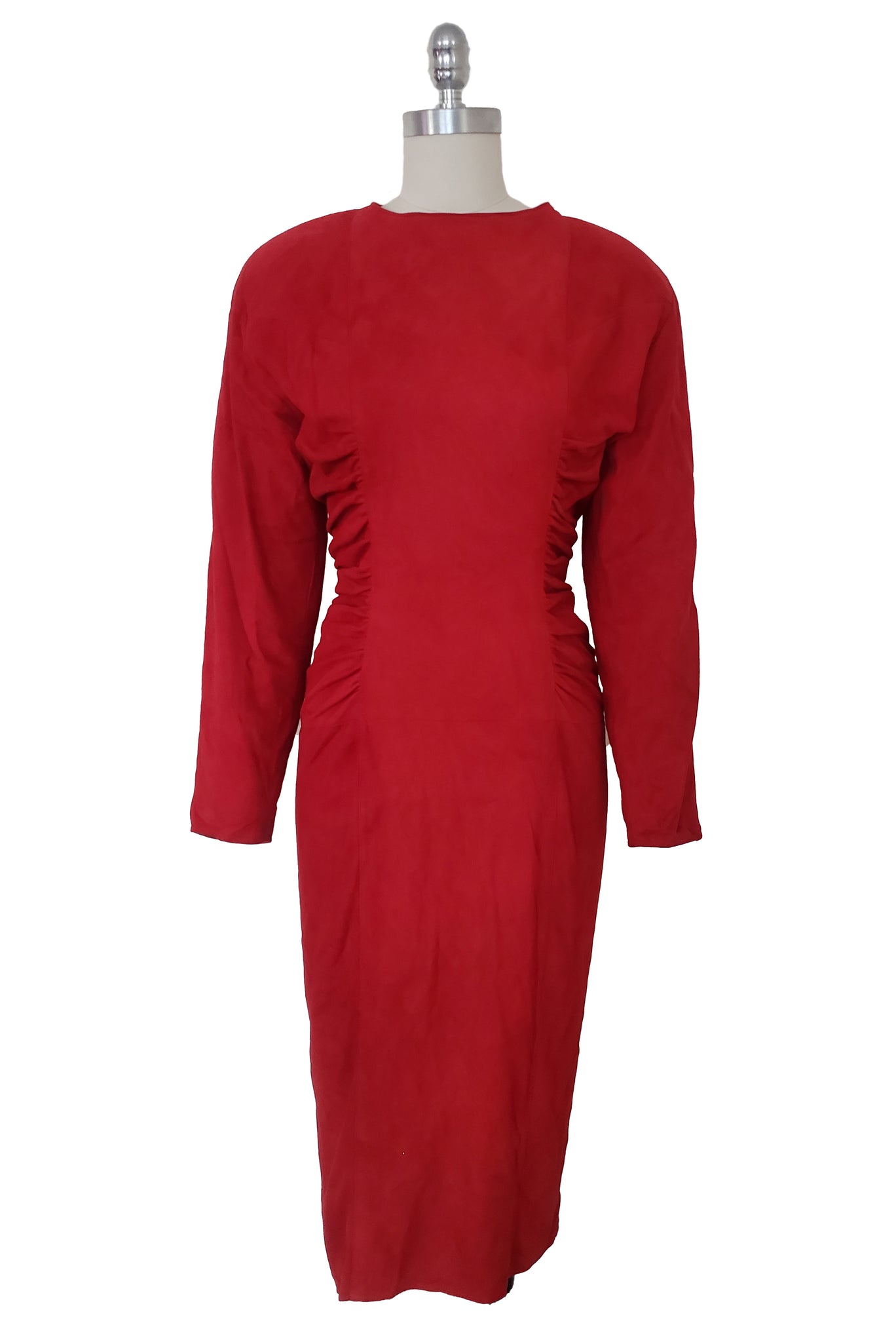1980s Vintage Crimson Red Suede Leather Dress by Vakko, Small to Medium