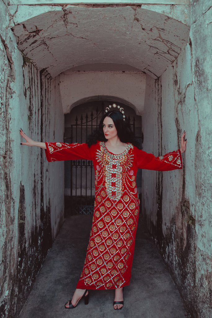 1960s Vintage Red Velvet Beaded Caftan, Small to Medium Leslie Courreges 1960s Vintage Red Velvet Beaded Caftan, Small to Medium Leslie Courreges