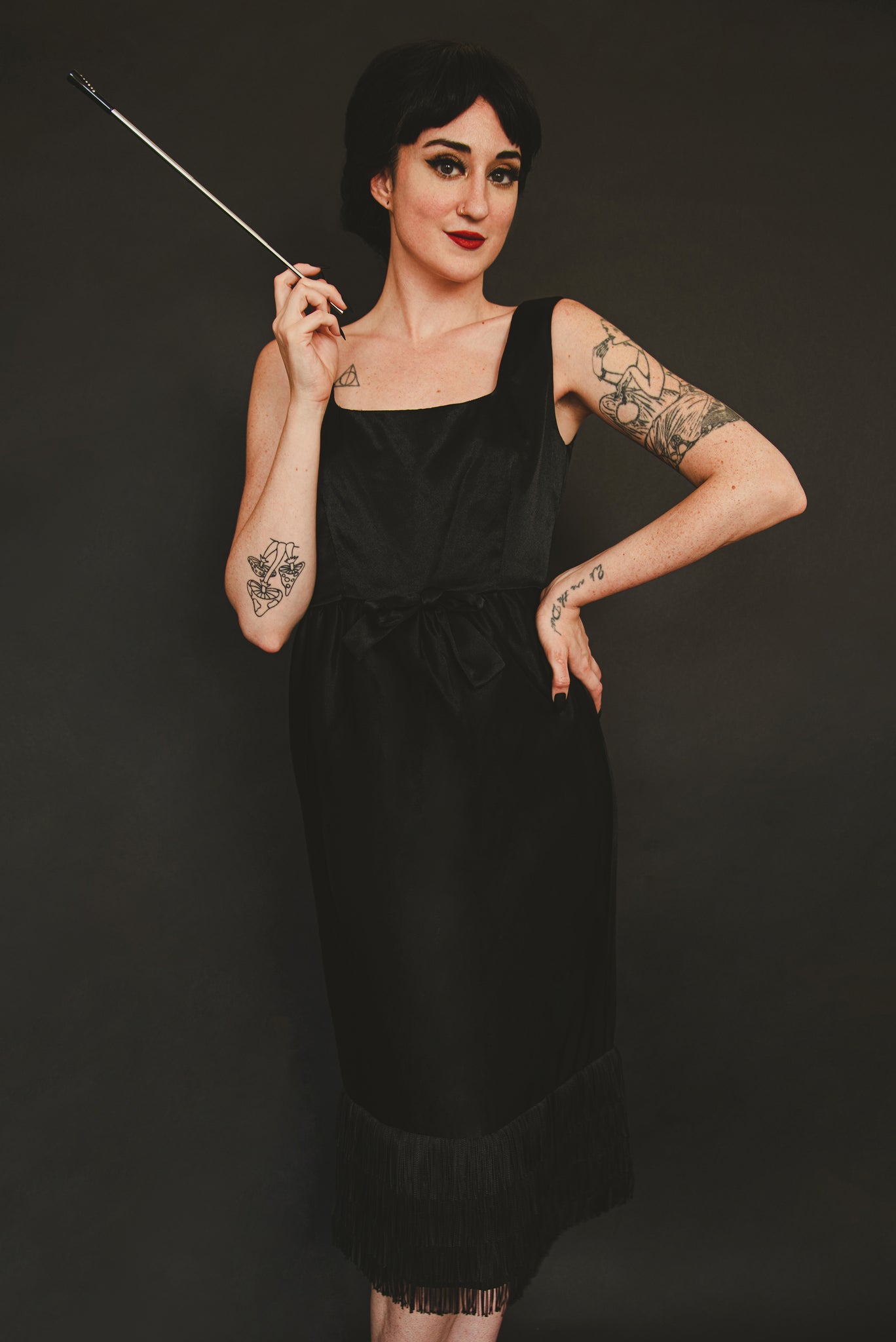 1990s Does 1960s Vintage Black Satin Fringed Wiggle Dress, Small to Me Leslie Courreges 1990s Does 1960s Vintage Black Satin Fringed Wiggle Dress, Small to Me Leslie Courreges