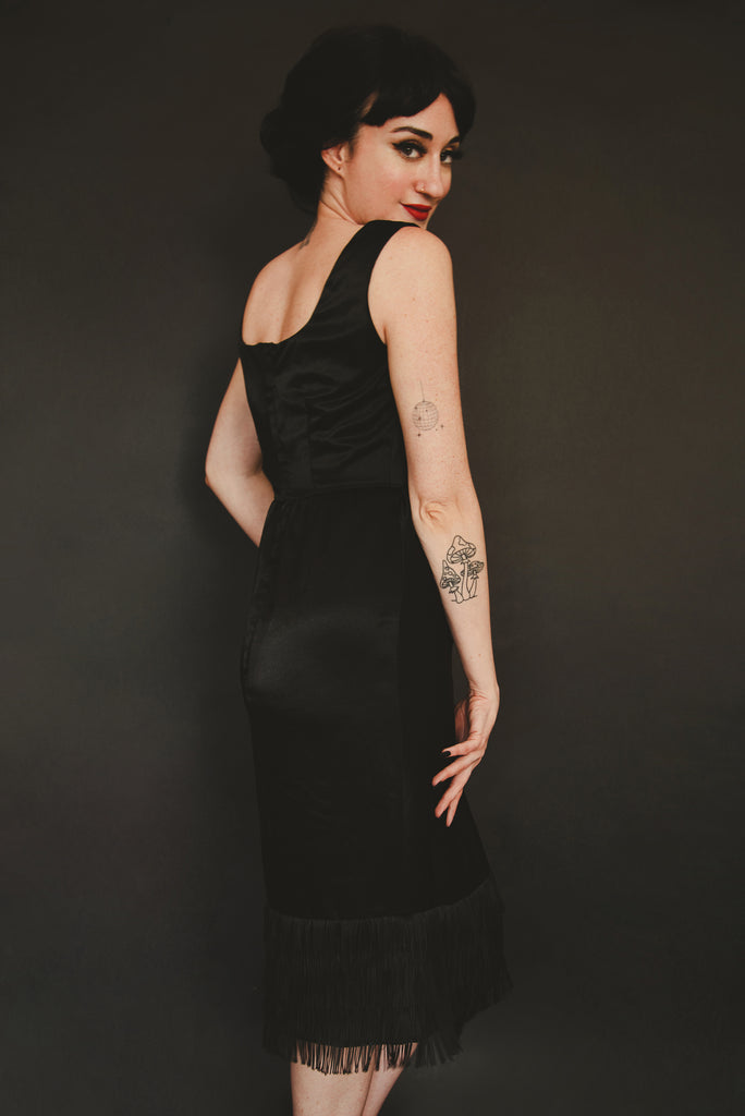black satin wiggle dress 1990s Does 1960s Vintage Black Satin Fringed Wiggle Dress, Small to Me Leslie Courreges