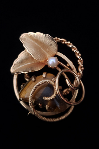 1960s Vintage Gold Tone  Tiger's Eye and Pearl Brooch