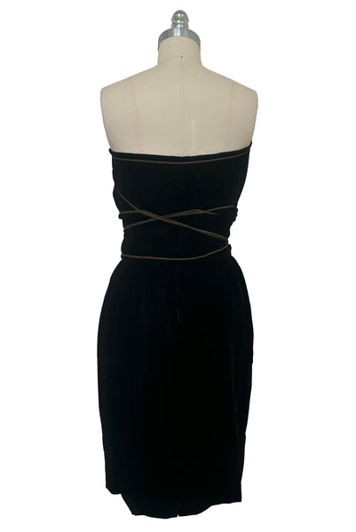 Back view of 1970s vintage rare designer Holly's Harp black velvet, gold metal cord trimmed wrap top & skirt set, extra small to small.