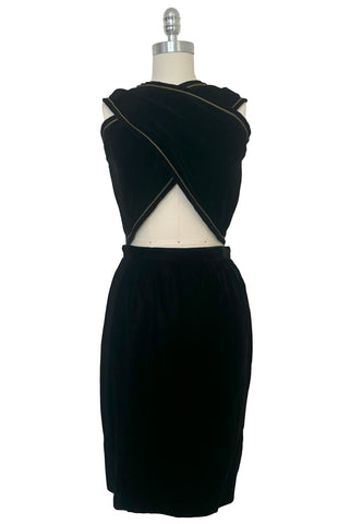 Front view of 1970s vintage rare designer Holly's Harp black velvet, gold metal cord trimmed wrap top & skirt set, extra small to small. Showing a variety of different ways to wrap the top.