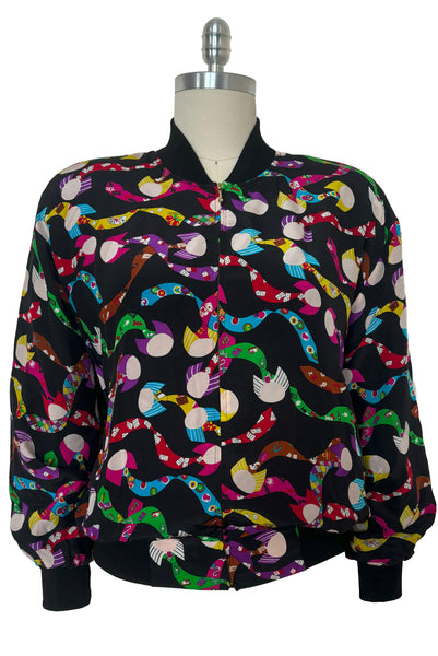 1990s Vintage Multicolor Novelty Print Silk Bomber Style Jacket by Spenser Jeremy, Medium to Large