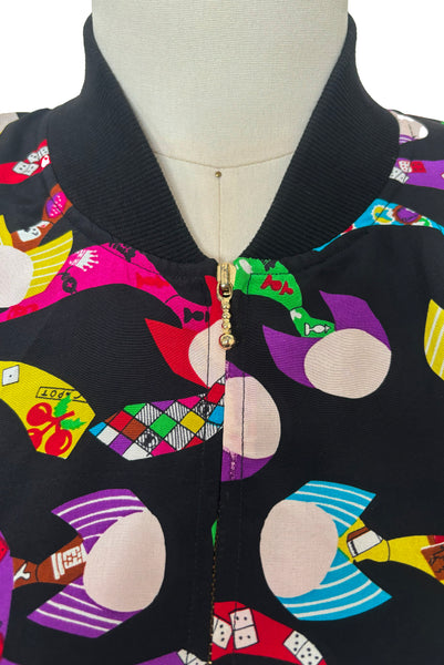 1990s Vintage Multicolor Novelty Print Silk Bomber Style Jacket by Spenser Jeremy, Medium to Large