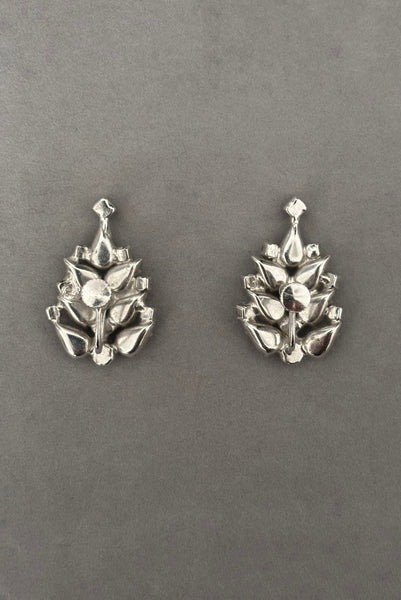 Vertical back view of 1950s vintage silver tone blue and pink rhinestone screw back earrings.