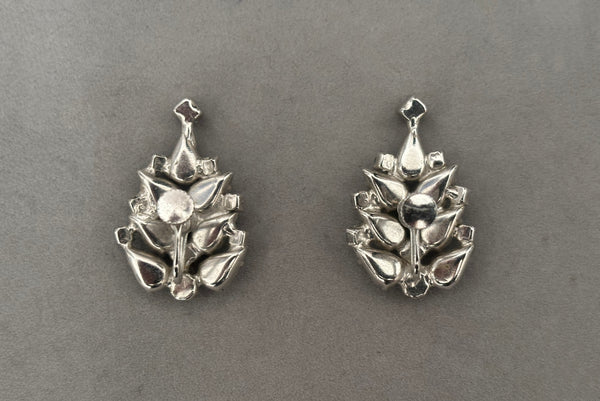 Horizontal back view of 1950s vintage silver tone blue and pink rhinestone screw back earrings.