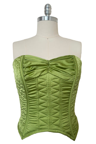 1990s NWT Vintage Peridot Green Quilted Satin Corset by John Festa, Medium to Large