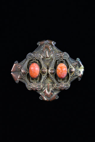 Late 19th to Early 20th Century Vintage Copper and Coral Cabochon Brooch