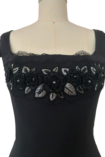 1990s Vintage ESCADA Black Silk Beaded & Embroidered Cocktail Dress, Extra Small to Small