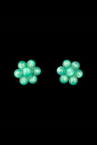 Vertical front view of 1940s vintage green moonglow Lucite bead floral screw back earrings.