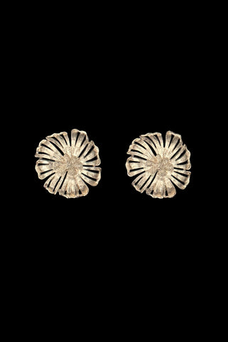 Vertical front view of 1960s vintage large round gold tone floral clip-on earrings by Monet.