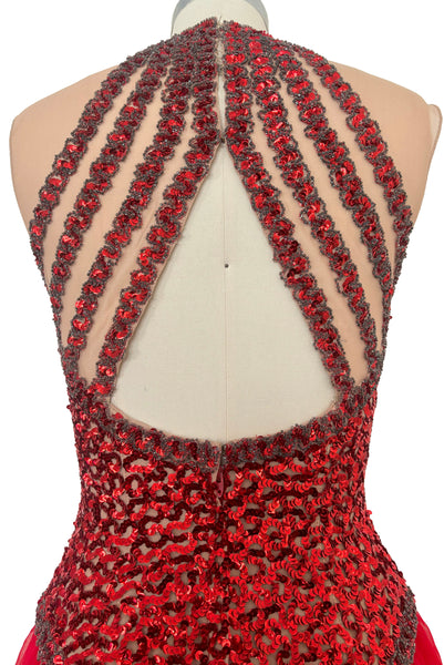 1960s Vintage Illusion Red Sequin and Silver Beaded Chiffon Evening Gown by Mike Benet, Extra Small to Small