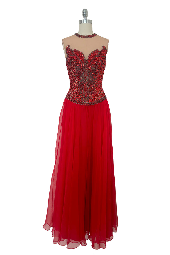 1960s Vintage Illusion Red Sequin and Silver Beaded Chiffon Evening Go Leslie Courreges 1960s Vintage Illusion Red Sequin and Silver Beaded Chiffon Evening Go Leslie Courreges