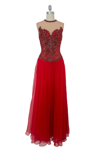 1960s Vintage Illusion Red Sequin and Silver Beaded Chiffon Evening Gown by Mike Benet, Extra Small to Small