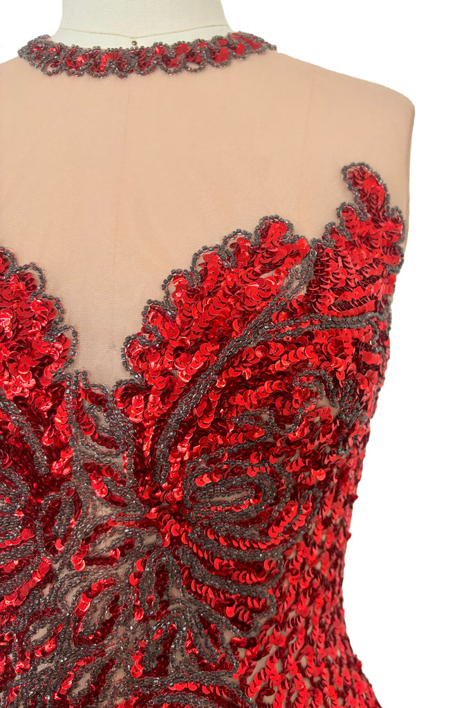 1960s Vintage Illusion Red Sequin and Silver Beaded Chiffon Evening Go Leslie Courreges 1960s Vintage Illusion Red Sequin and Silver Beaded Chiffon Evening Go Leslie Courreges