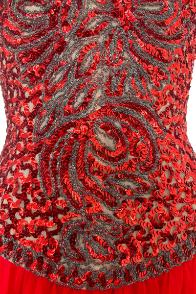 1960s Vintage Illusion Red Sequin and Silver Beaded Chiffon Evening Go Leslie Courreges 1960s Vintage Illusion Red Sequin and Silver Beaded Chiffon Evening Go Leslie Courreges