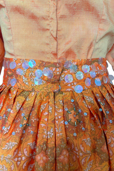 1980s Vintage Orange Silk Custom Made Blouse and Skirt Set, Small to Medium