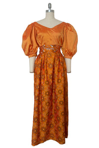 1980s Vintage Orange Silk Custom Made Blouse and Skirt Set, Small to Medium