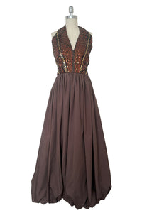 1970s Vintage Brown Sequin Halter Bubble Hem Evening Dress by Lillie Rubin, Extra Small to Small