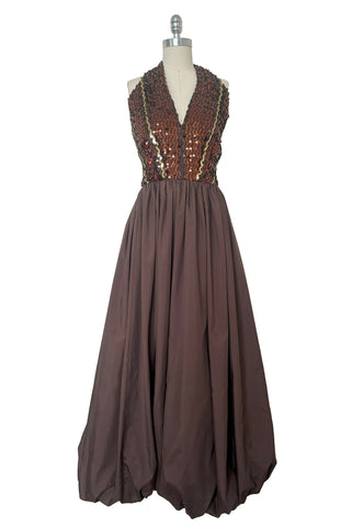 Front view of 1970s vintage brown sequin and taffeta halter neck bubble hem evening dress by Lillie Rubin, size extra small to small.