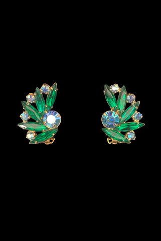 Vertical front view of 1950s vintage green marquise and blue iridescent round rhinestone fan shaped clip-on earrings.