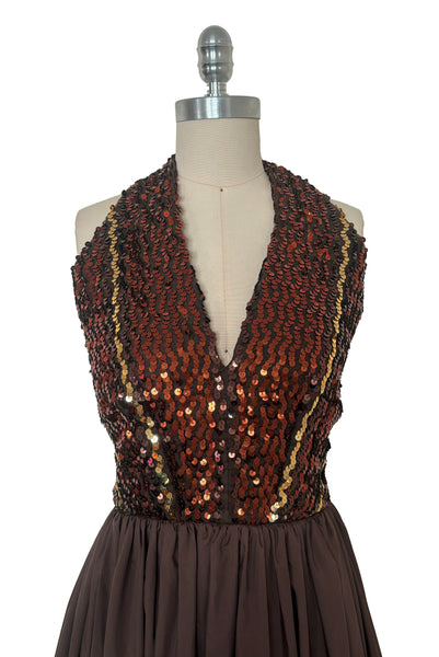 1970s Vintage Brown Sequin Halter Bubble Hem Evening Dress by Lillie Rubin, Extra Small to Small