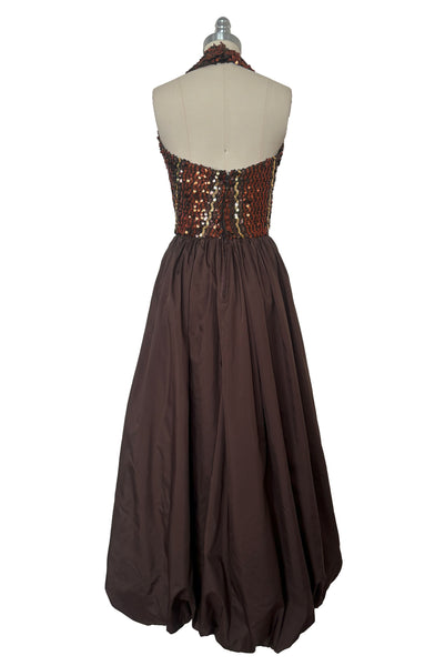 1970s Vintage Brown Sequin Halter Bubble Hem Evening Dress by Lillie Rubin, Extra Small to Small