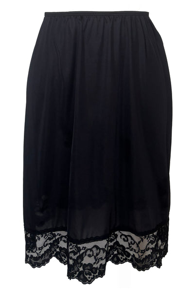Front view of 1990s vintage black nylon and lace lingerie half slip by Vassarette, size large to extra large.