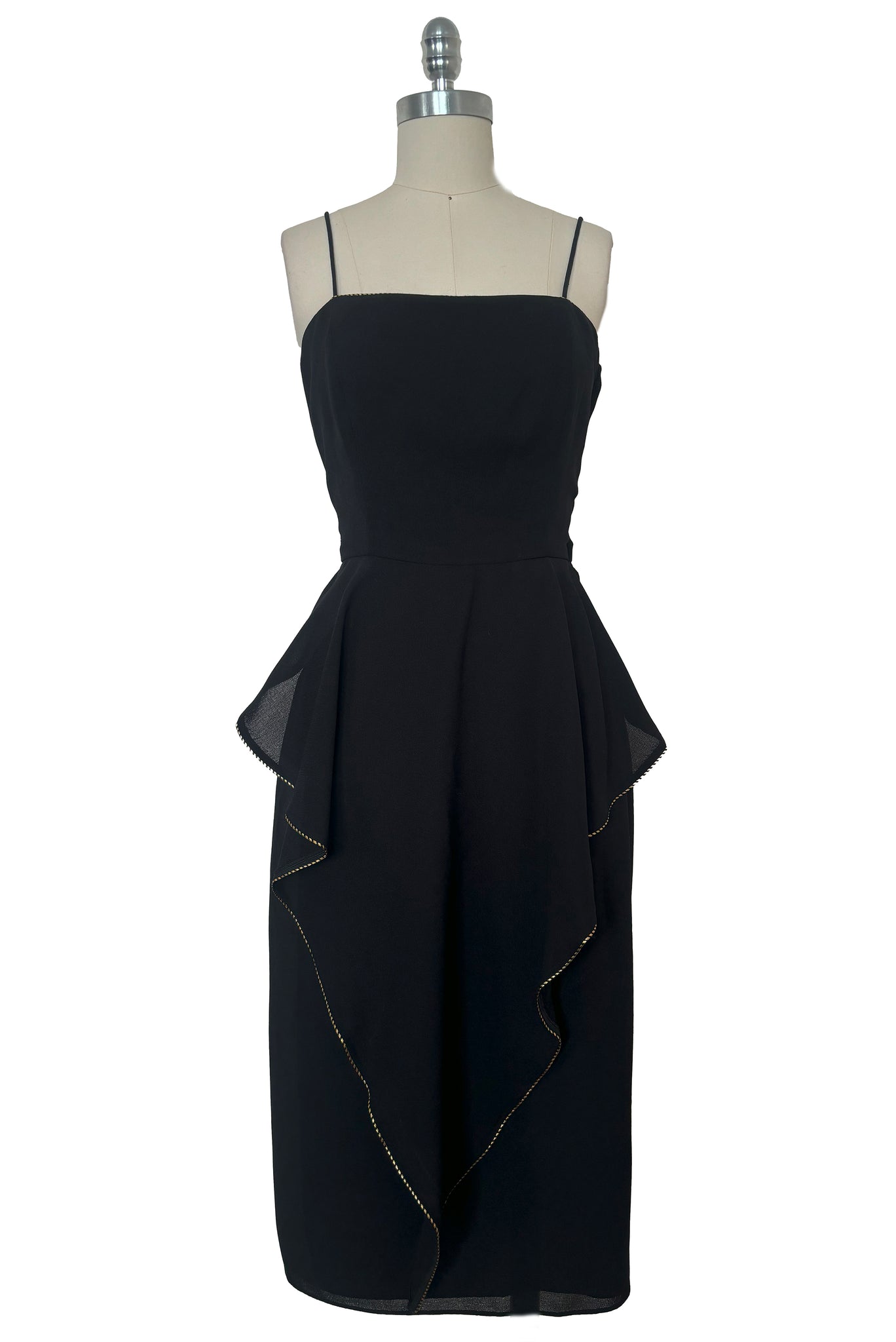 1970s Vintage Gold Trimmed Black Spaghetti Strap Dress by David Morris, Extra Small to Small