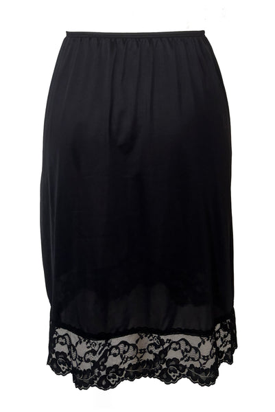 Back view of 1990s vintage black nylon and lace lingerie half slip by Vassarette, size large to extra large.