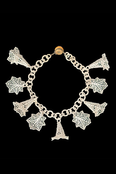 Vertical back view of 1930s vintage cream lace look floral and leaf celluloid plastic statement necklace.