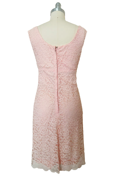 Back view of 1960s vintage pink lace Mod empire waist cocktail shift dress, size medium to large.