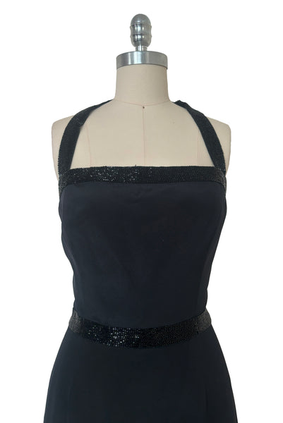 1990s NWT Vintage Bill Blass Black Beaded Silk Halter Evening Gown, Extra Small to Small