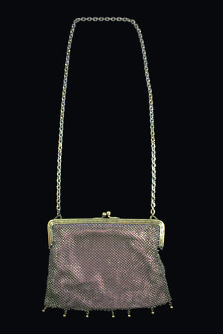 1910s to 1920s Vintage Embossed German Silver Metal Mesh Long Strap Evening Bag