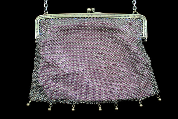 1910s to 1920s Vintage Embossed German Silver Metal Mesh Long Strap Evening Bag