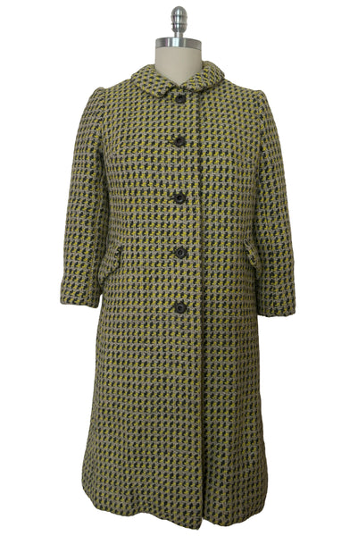 Front view of 1960s vintage citron yellow, gray, and white bracelet sleeve, knee length wool coat, by Paul Blumenstein, size small to medium.