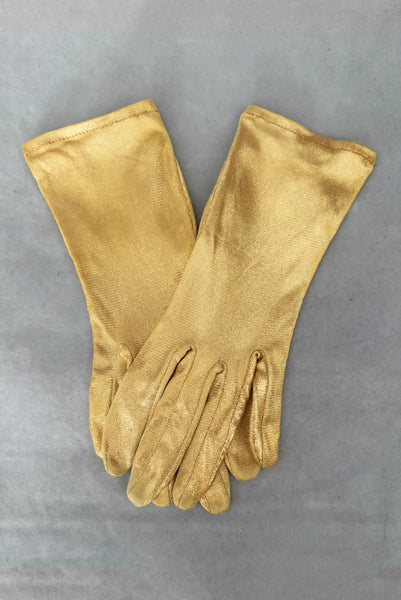 Vertical pair view of 1950s vintage wrist length metallic gold nylon gloves. Approximately size 5.