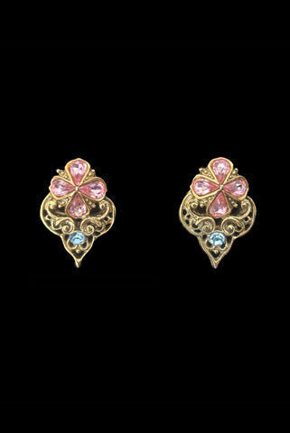 Vertical front view of 1990s vintage blue and pink Floral rhinestone gold tone filigree pierced stud earrings.
