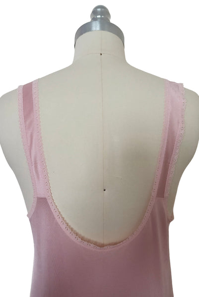 Bodice back view of 1970s vintage blush pink nylon tricot floral lace trimmed nightgown by Maidenform, size extra small to small. Showing the deep scoop back.
