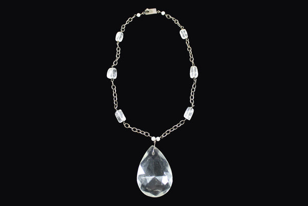 1920s Vintage Sterling Silver Necklace w/ Teardrop Crystal Pendant