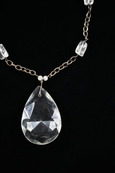 1920s Vintage Sterling Silver Necklace w/ Teardrop Crystal Pendant