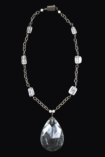 1920s Vintage Sterling Silver Necklace w/ Teardrop Crystal Pendant