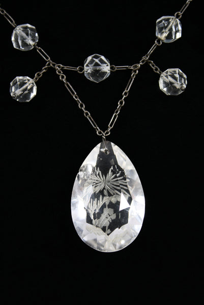 1920s Vintage Floral Etched Teardrop Crystal Necklace