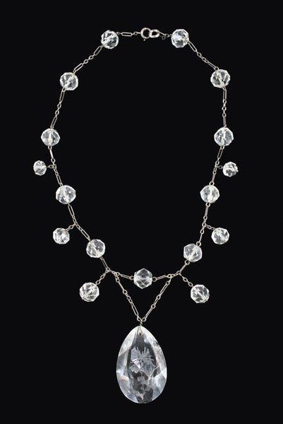1920s Vintage Floral Etched Teardrop Crystal Necklace