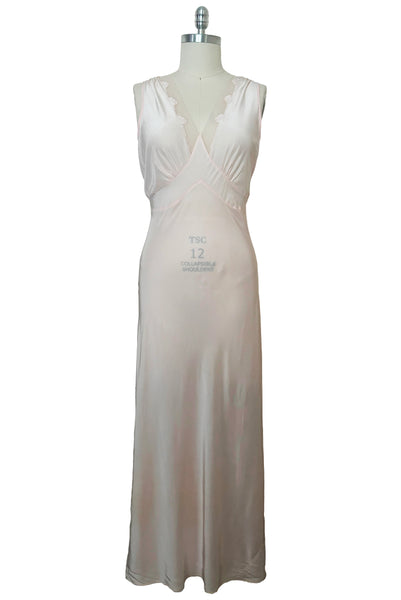 Front view of 1930s vintage blush pink rayon and mesh lingerie applique bias cut nightgown by Seamprufe, size small to medium.