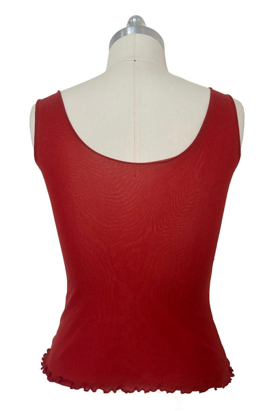 Back view of new with tags 2000s y2k vintage deadstock ruby red mesh and satin, V-neck, sleeveless, empire waist top by On Gossamer, size medium to large.