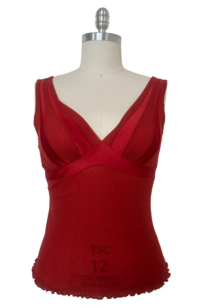 Front view of new with tags 2000s y2k vintage deadstock ruby red mesh and satin, V-neck, sleeveless, empire waist top by On Gossamer, size medium to large.