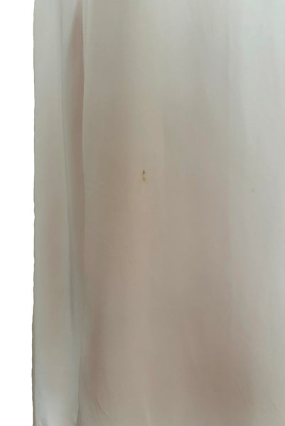 Detail view of 1930s vintage blush pink rayon and mesh lingerie applique bias cut nightgown by Seamprufe, size small to medium. Showing a light mark on the skirt back.