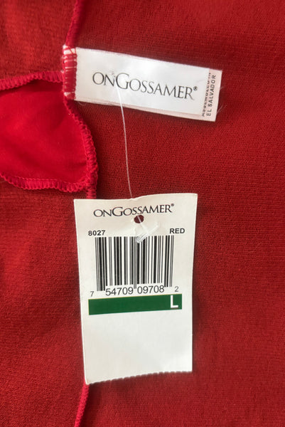 Interior detail view of new with tags 2000s y2k vintage deadstock ruby red mesh and satin, V-neck, sleeveless, empire waist top by On Gossamer, size medium to large. Showing the On Gossamer label and paper store tag.